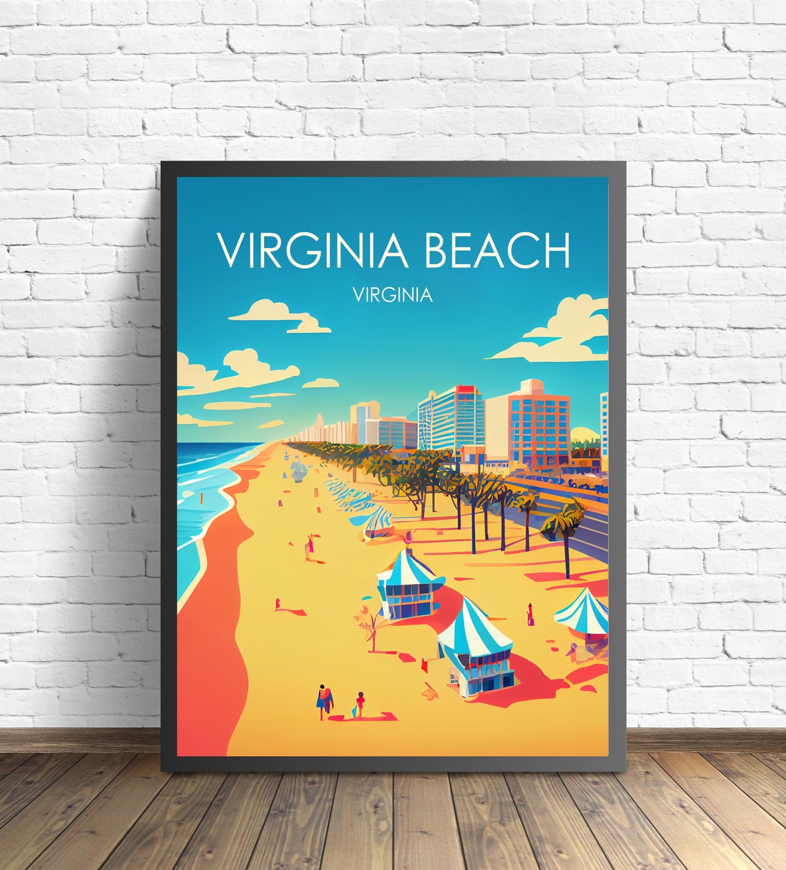 Virginia Beach Sunny Boardwalk Oceanfront Scene Travel Poster
