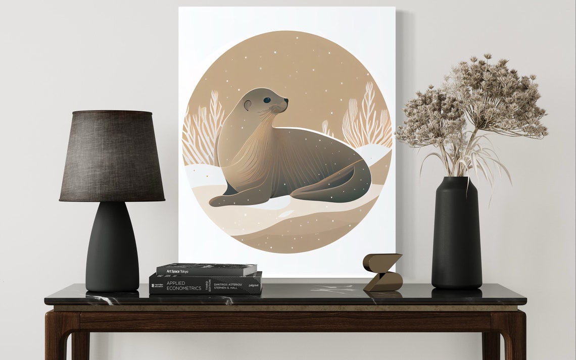 Grey Seal Resting on Ice Beside Seaweed Retro Ocean Art Poster - Image 2