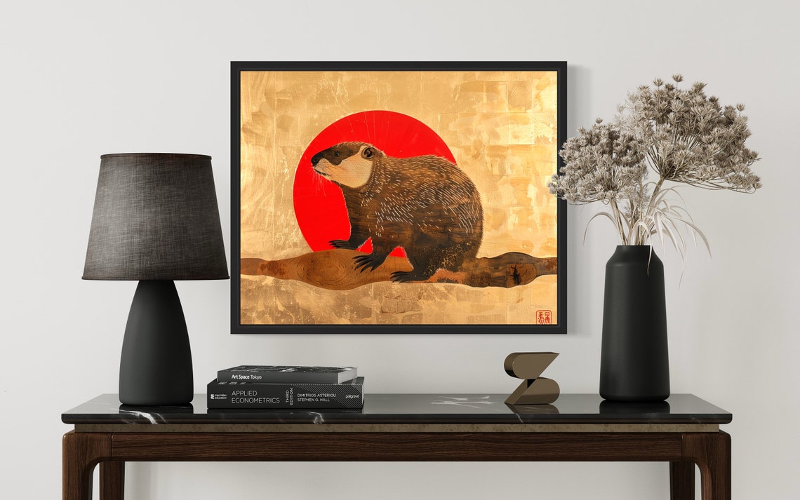 Beaver Perched on Log Against Red Sun Asian Art Style Poster - Image 2