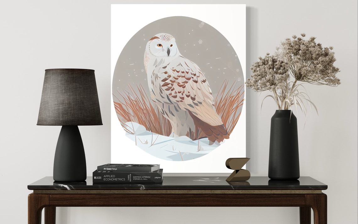 Snowy Owl in Falling Snow Winter Wildlife Circular Art Poster - Image 2