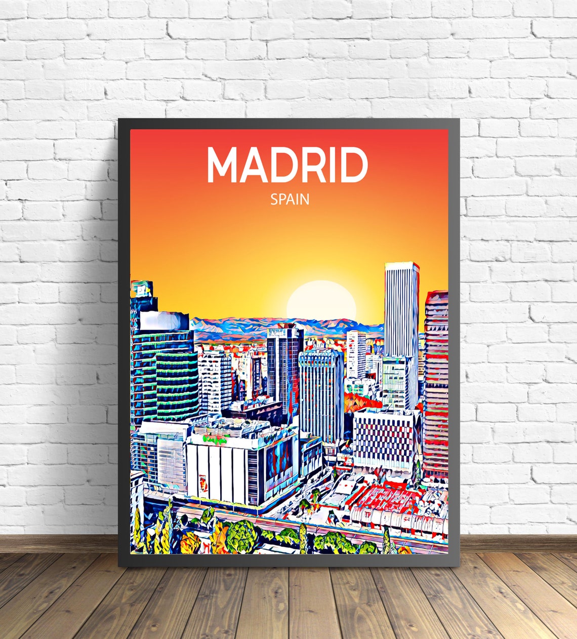 Madrid Spain Downtown Skyscrapers Golden Sunset Skyline Poster