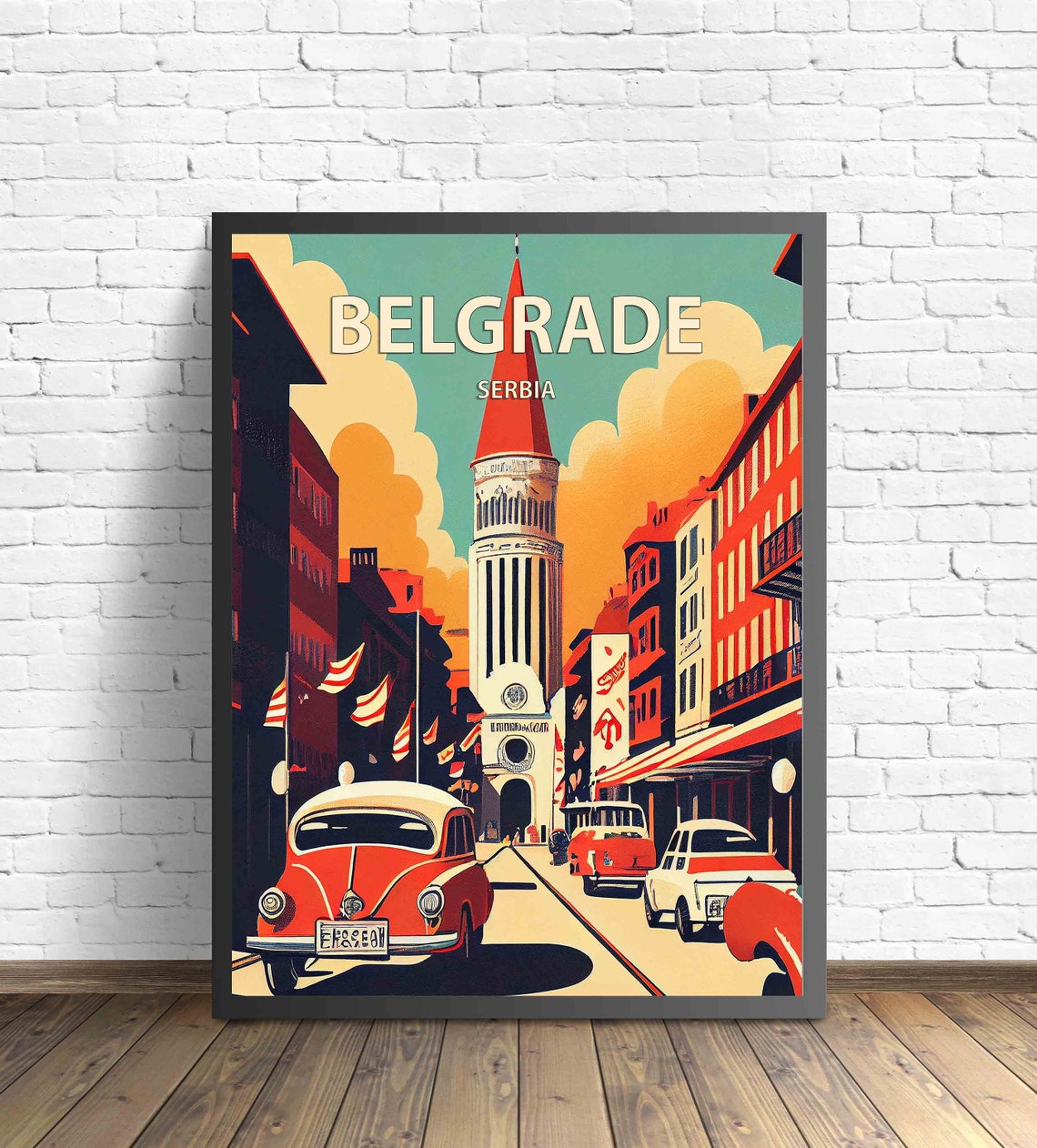 Belgrade Serbia Retro Street Clock Tower Classic Red Car Poster - Image 3