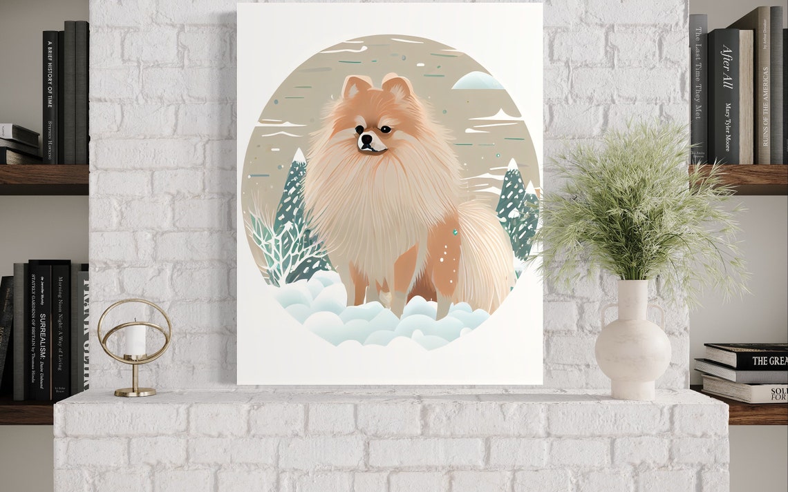 Fluffy Pomeranian Standing in Snow With Frosted Pines Dog Art Poster - Image 3