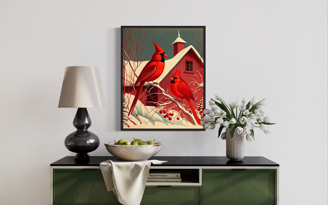 Red Cardinals Winter Snow Scene Pair Barn Illustration Poster - Image 3