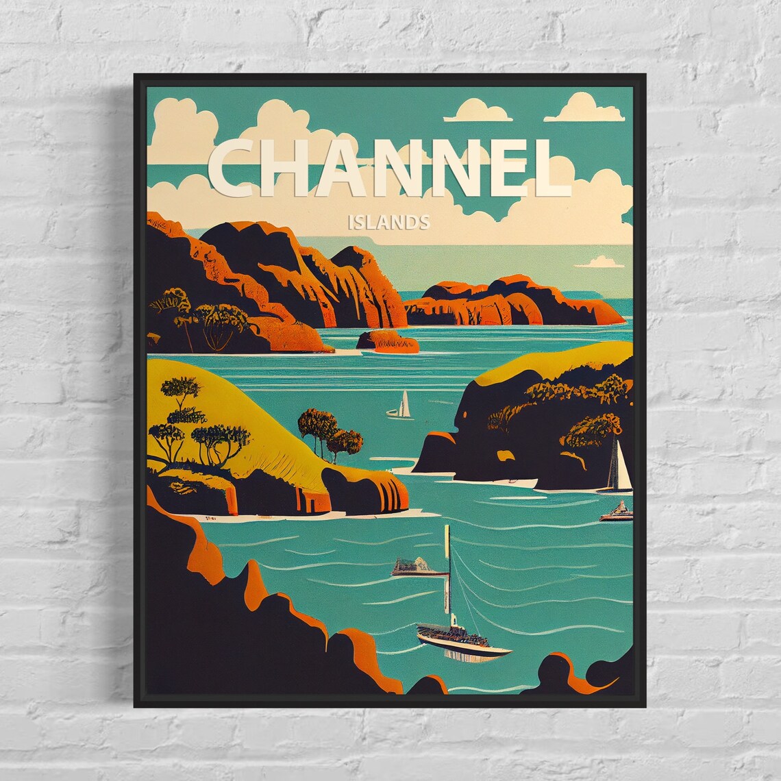 Channel Islands Coastal Cliffs Sailing Boats Golden Era Travel Poster
