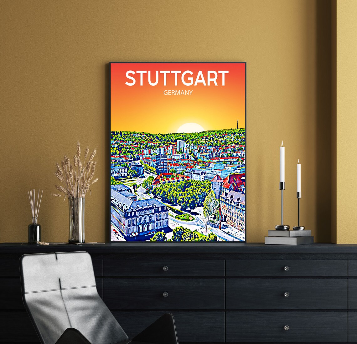 Stuttgart Germany Sunset Skyline Colorful Pop Art City Travel Poster - Image 2