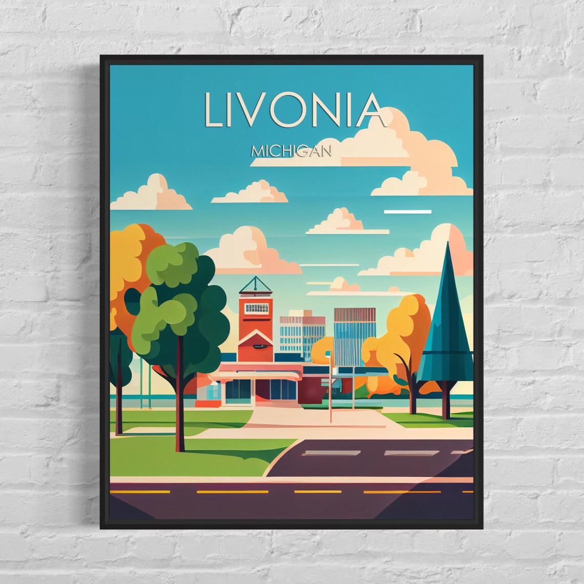 Livonia Michigan Autumn Trees Campus Scene Retro Travel Poster