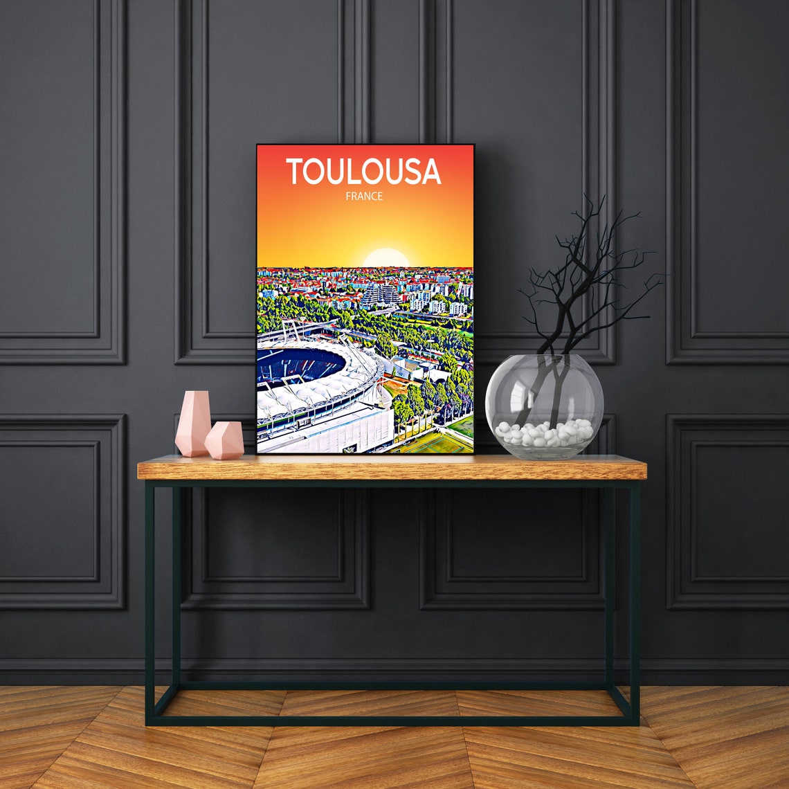 Toulousa France Art Poster Sunset Night Poster Art Print Toulousa City Framed Modern Wall Art Colorful Skyline Photo - Image 3