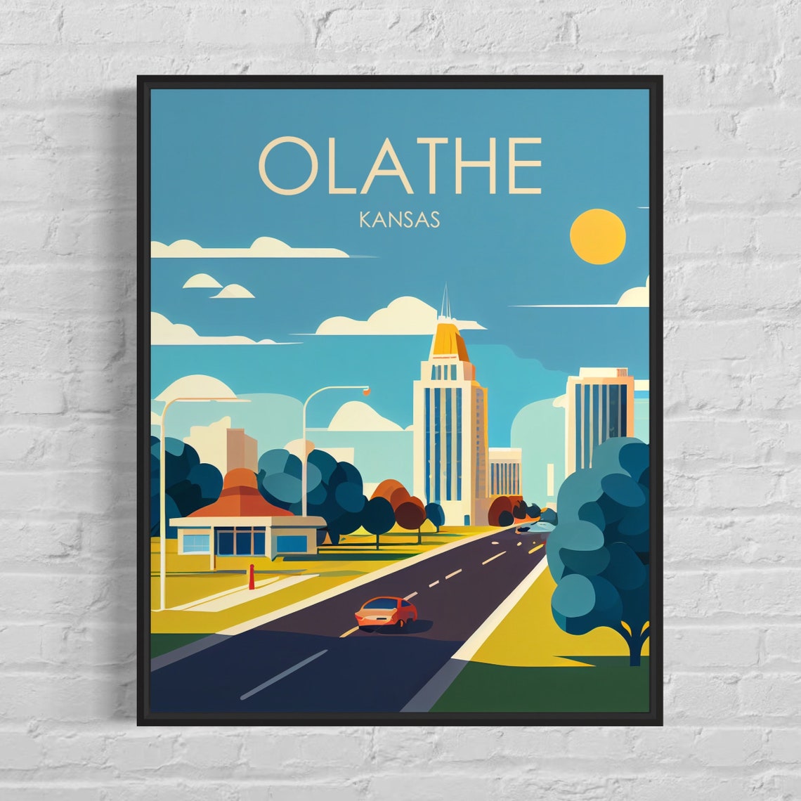 Olathe Kansas Sunny Boulevard Classic Car Retro Travel Poster