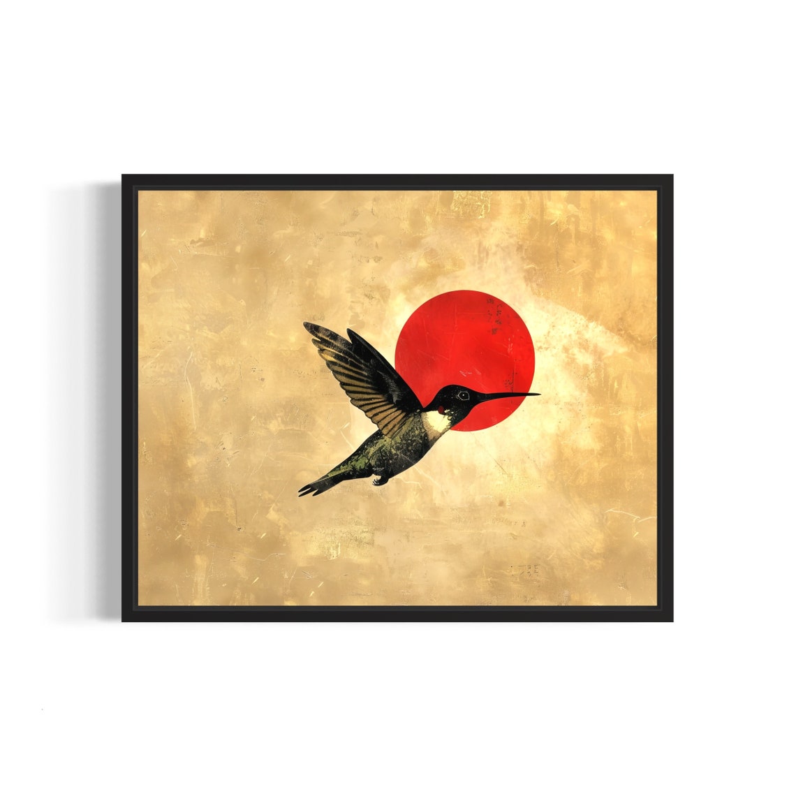 Hummingbird Hovering Before Red Sun Gold Leaf Nature Art Poster