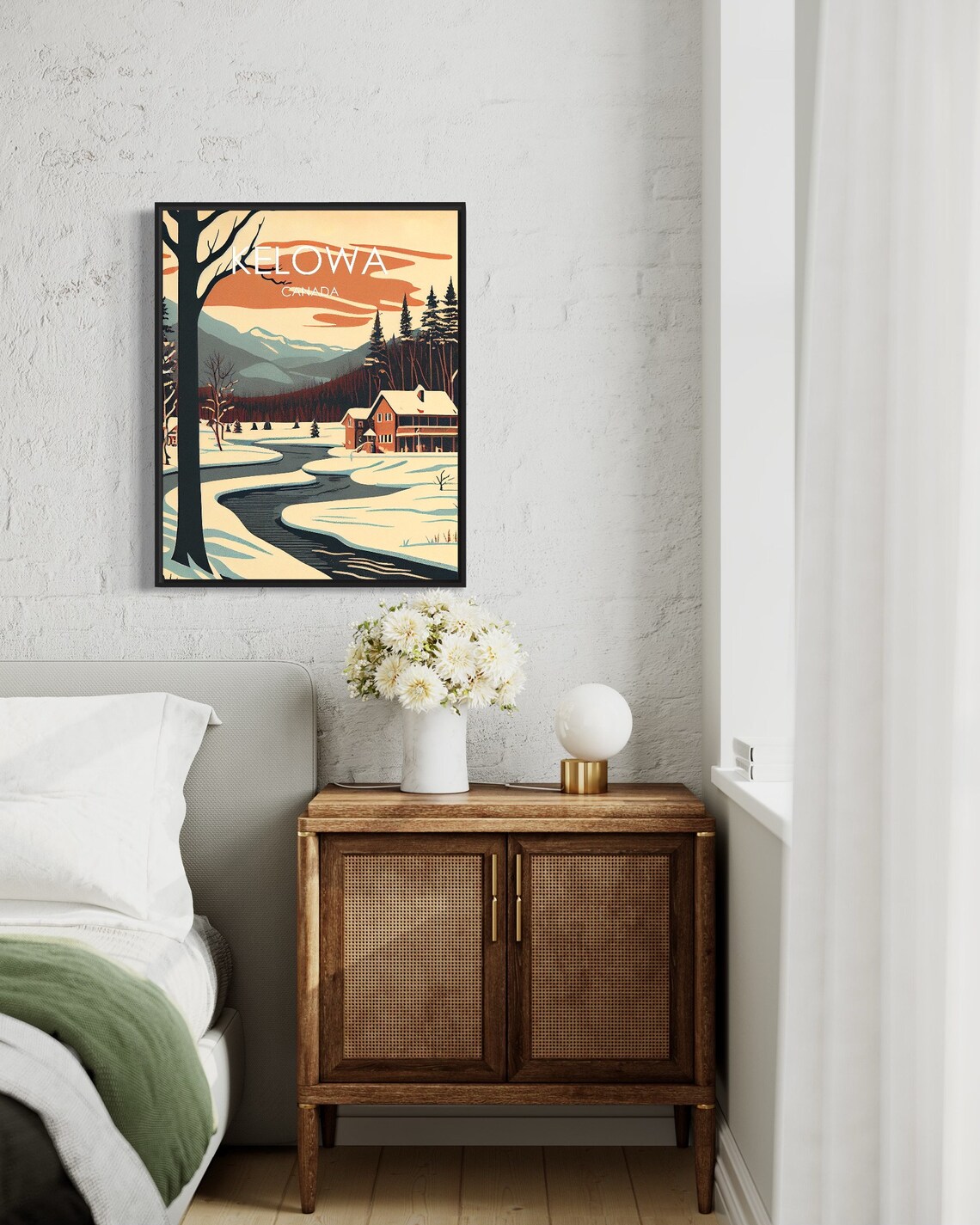 Kelowa Canada Snowy River Bend Cabin Retro Winter Travel Poster - Image 3