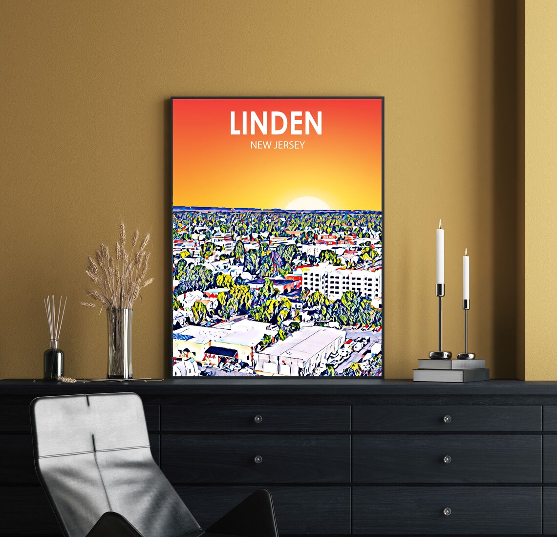 Linden New Jersey Colorful Sunset Skyline City Travel Poster - Image 2