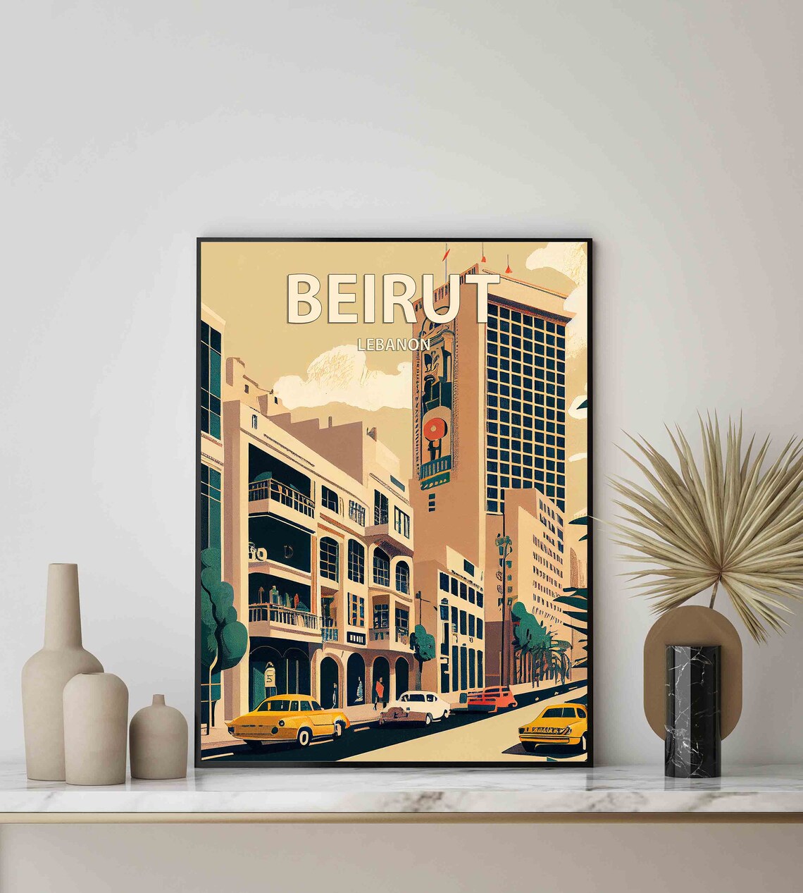 Beirut Lebanon Retro Downtown Street With Yellow Taxis Poster - Image 2