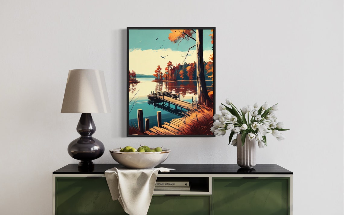 Kerr Lake Autumn Wooden Dock Boathouse Retro Lakeside Poster - Image 3