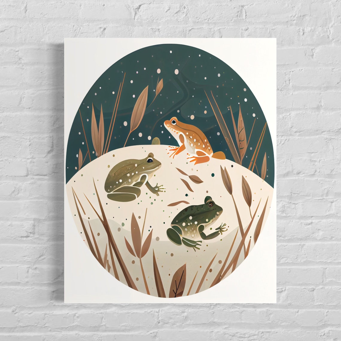 Three Frogs Resting on a Lily Pad at Night Circle Art Poster