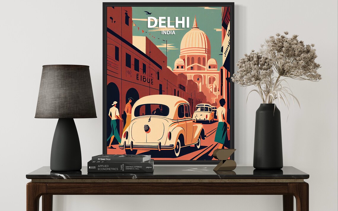 Delhi India Retro Old Street Vintage Cars Bustling Scene Travel Poster - Image 3