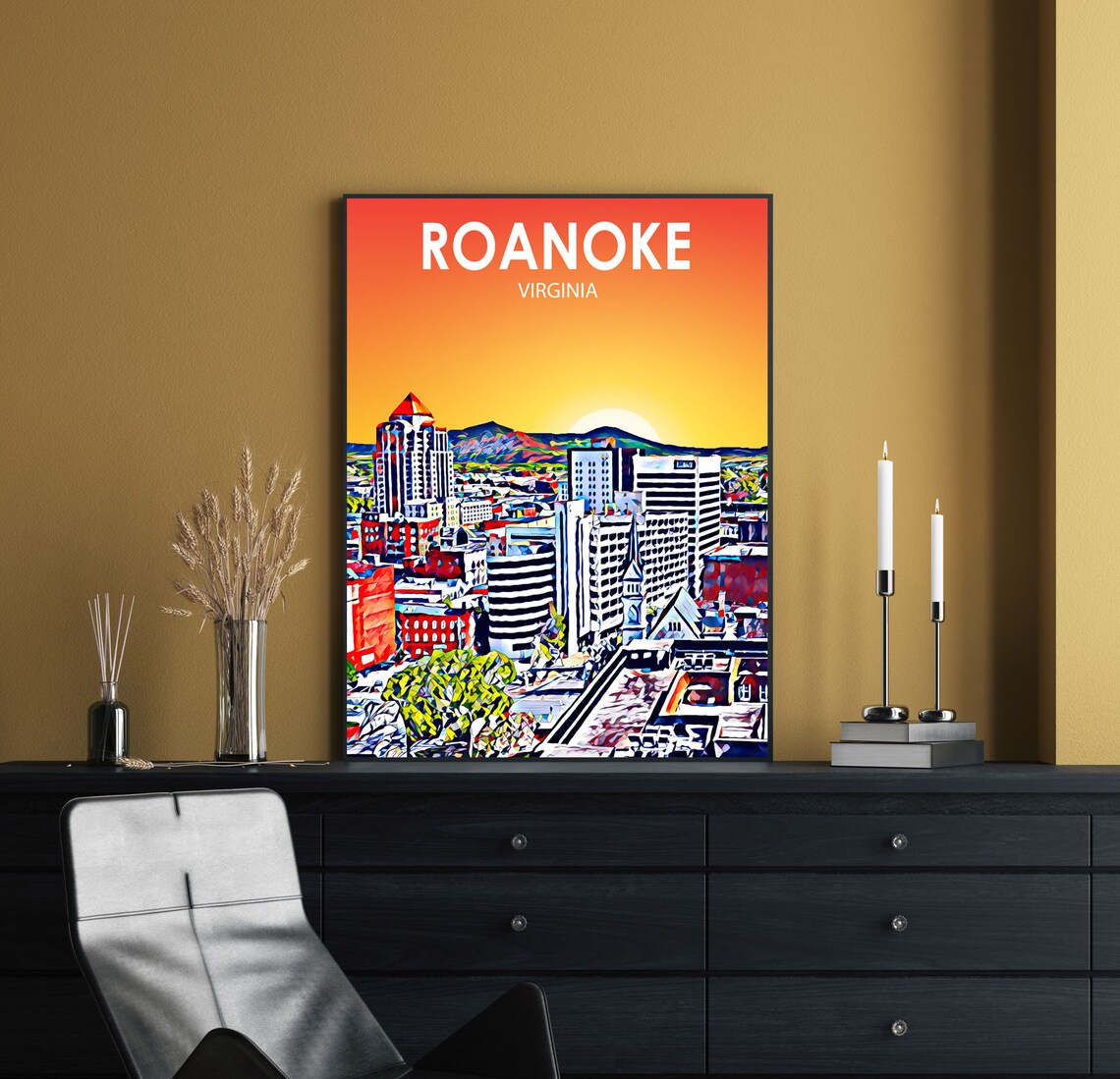 Roanoke Virginia Sunset Skyline Blue Ridge Mountain Travel Poster - Image 2
