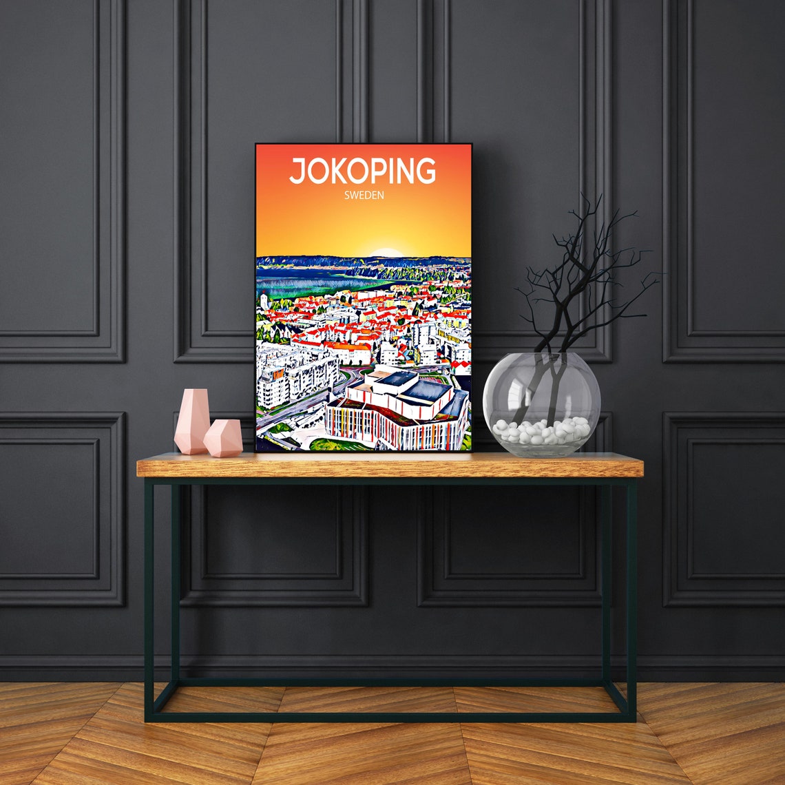 Jokoping Sweden Sunset Skyline Red Rooftops Lake View Art Poster - Image 3