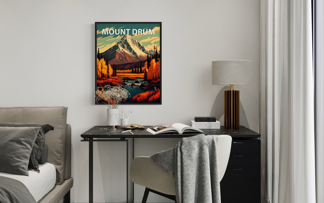 Mount Drum Alaska Snowy Peak Autumn River Retro Vintage Travel Poster - Image 2
