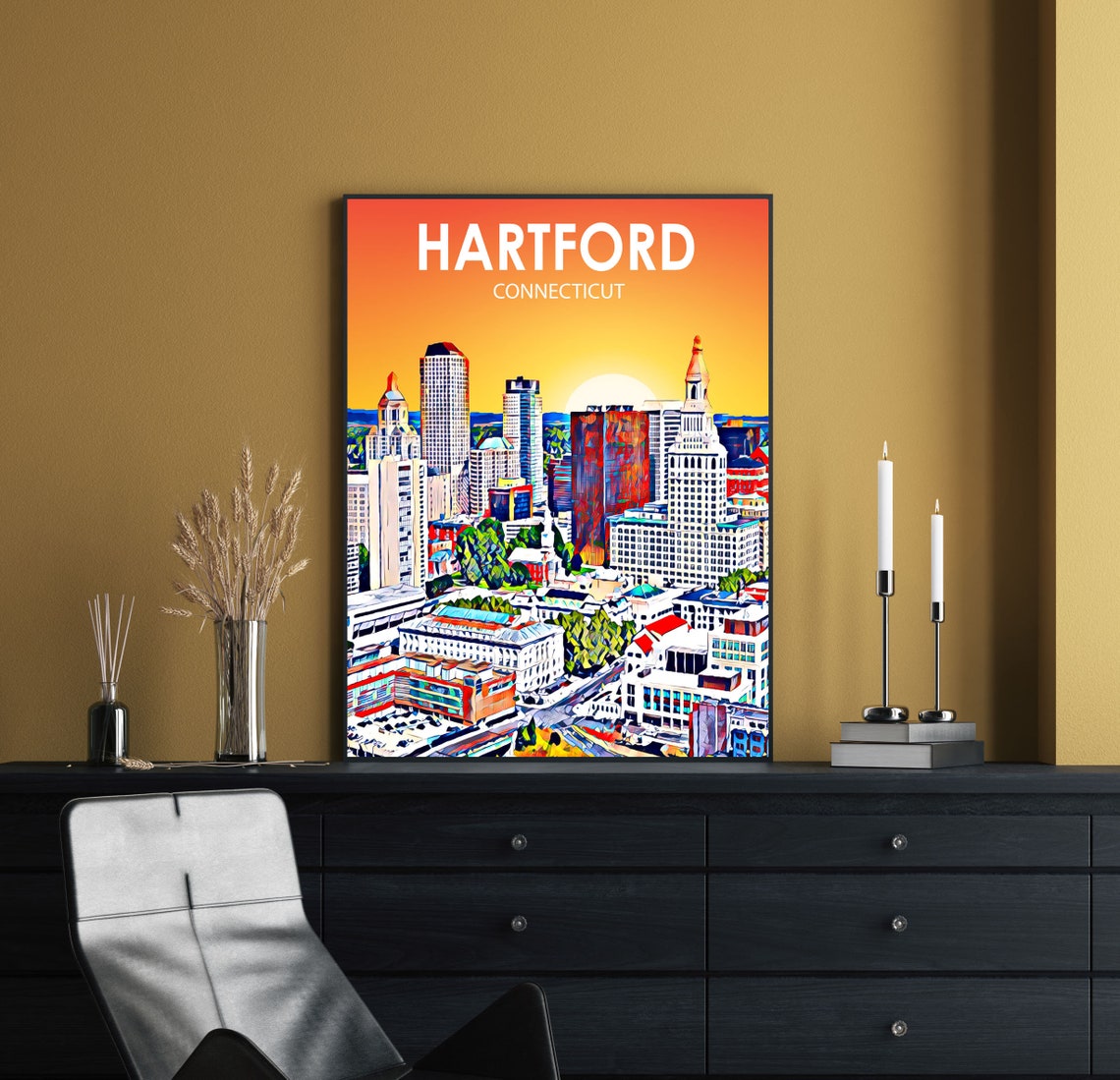 Vibrant Hartford Connecticut Sunset Skyline Cityscape Travel Poster - Image 2