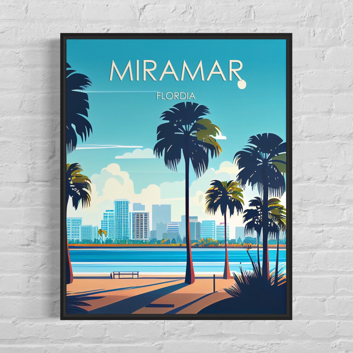 Miramar Florida Palm Trees Beach Skyline Sunset Retro Travel Poster