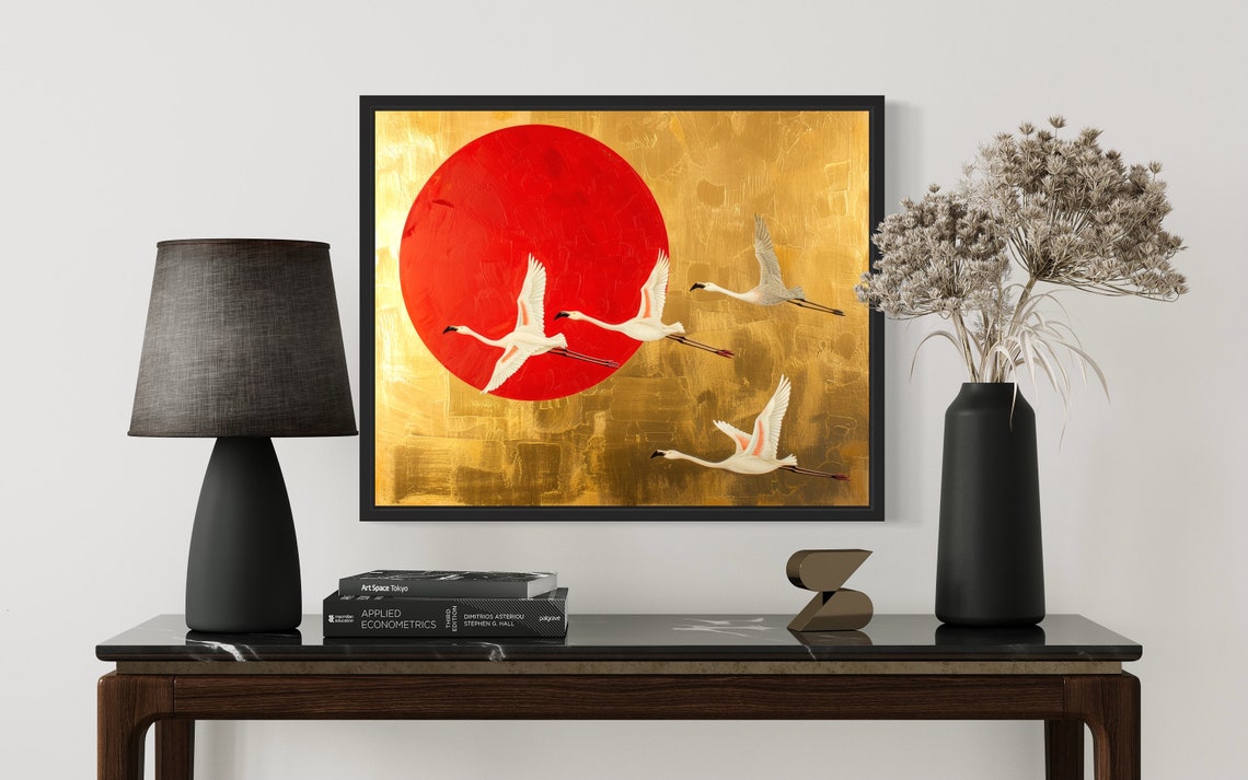 Flying Flamingos Against Red Sun Asian Gold Style Art Poster - Image 2