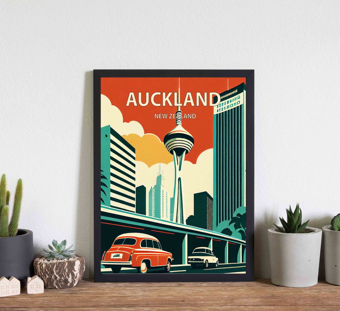 Auckland New Zealand Sky Tower Vintage Cars Retro Travel Poster - Image 2