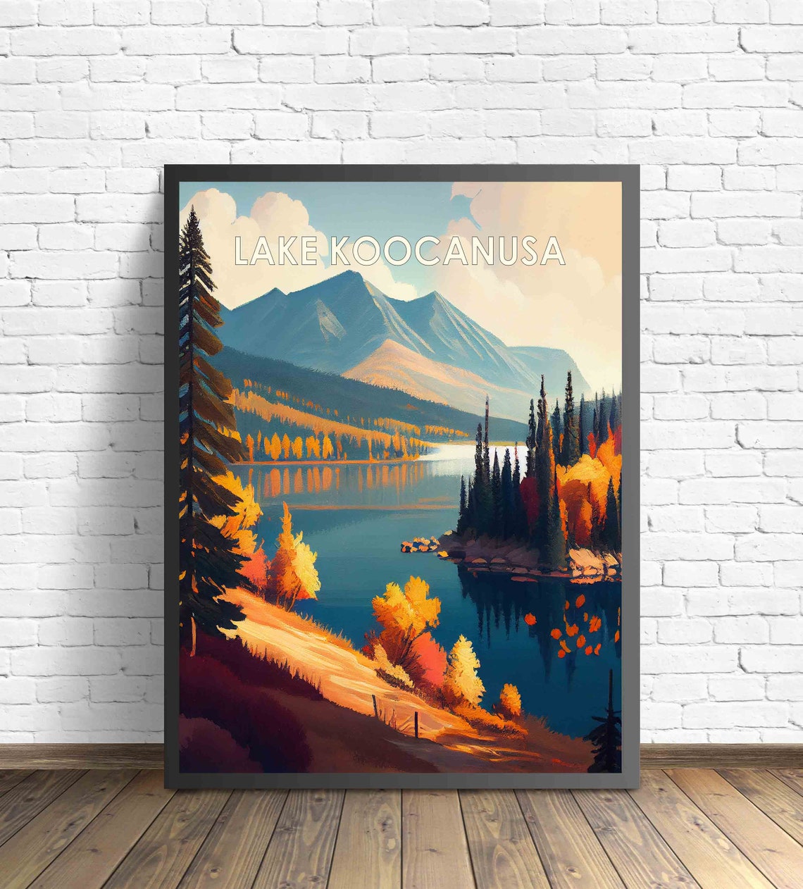 Lake Koocanusa Retro Autumn Lake Mountain Reflection Scene Poster
