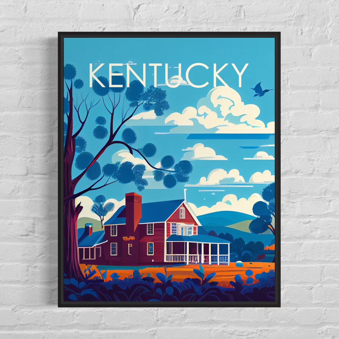 Kentucky Red Farmhouse Porch Retro Countryside Landscape Art Poster