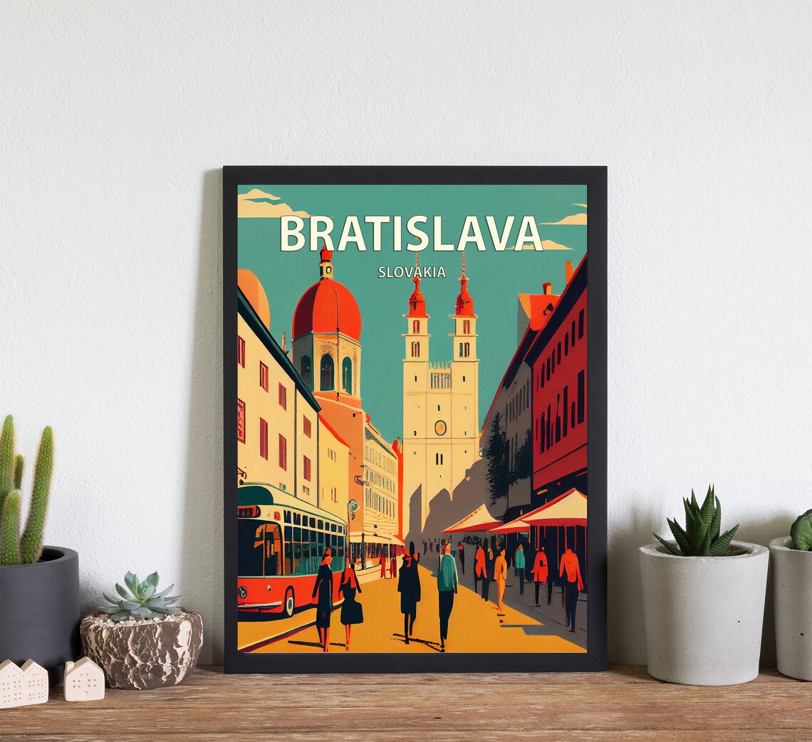 Bratislava Slovakia Vintage Street Tram Church Towers Poster
