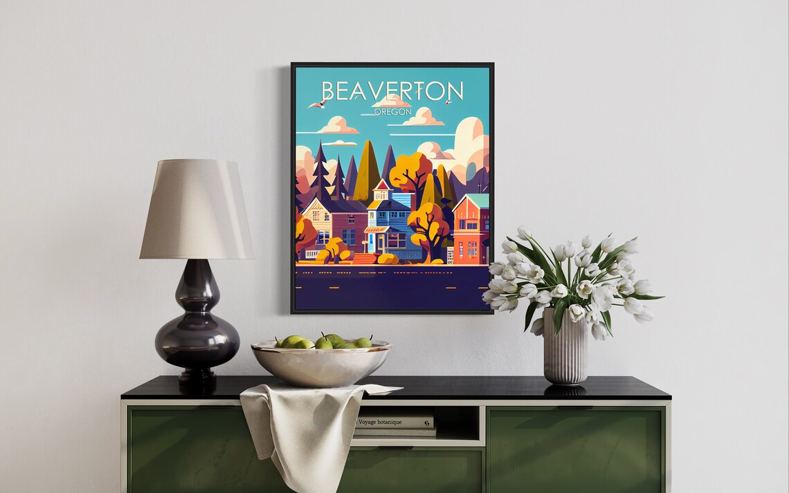 Beaverton Oregon Autumn Neighborhood Street Vintage Travel Poster - Image 3