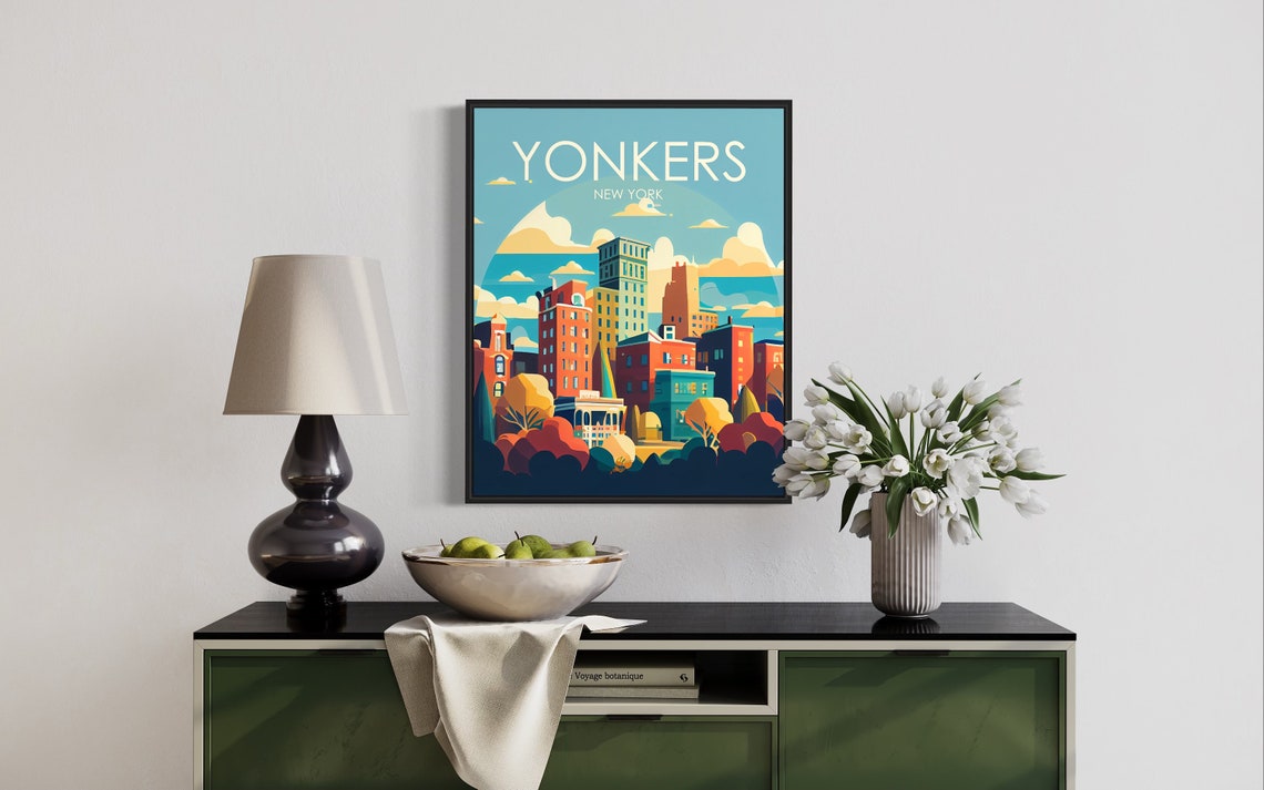 Yonkers New York Retro City Skyline Golden Summer Clouds Poster - Image 2