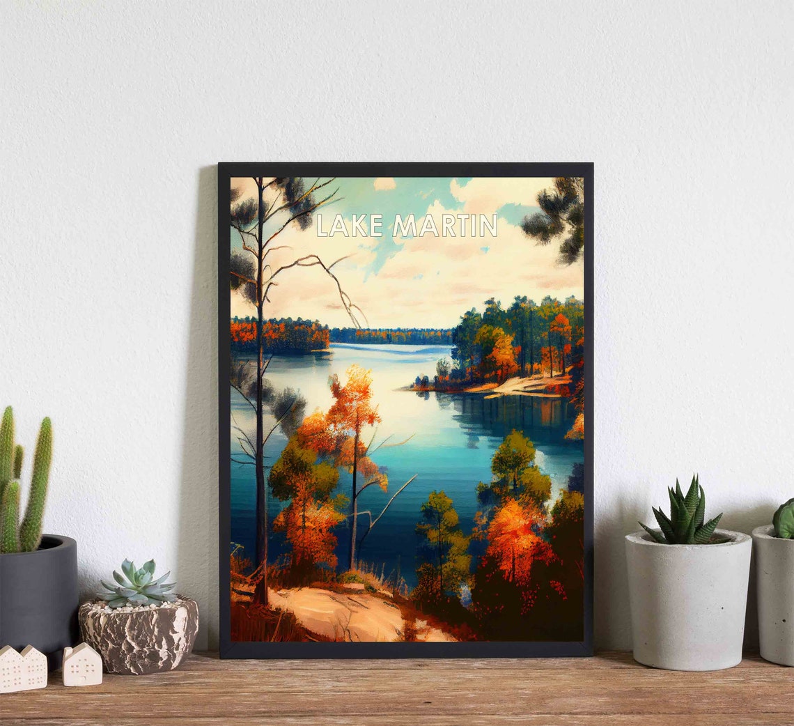 Lake Martin Autumn Shoreline Painterly Lakeside Retro Travel Poster - Image 3