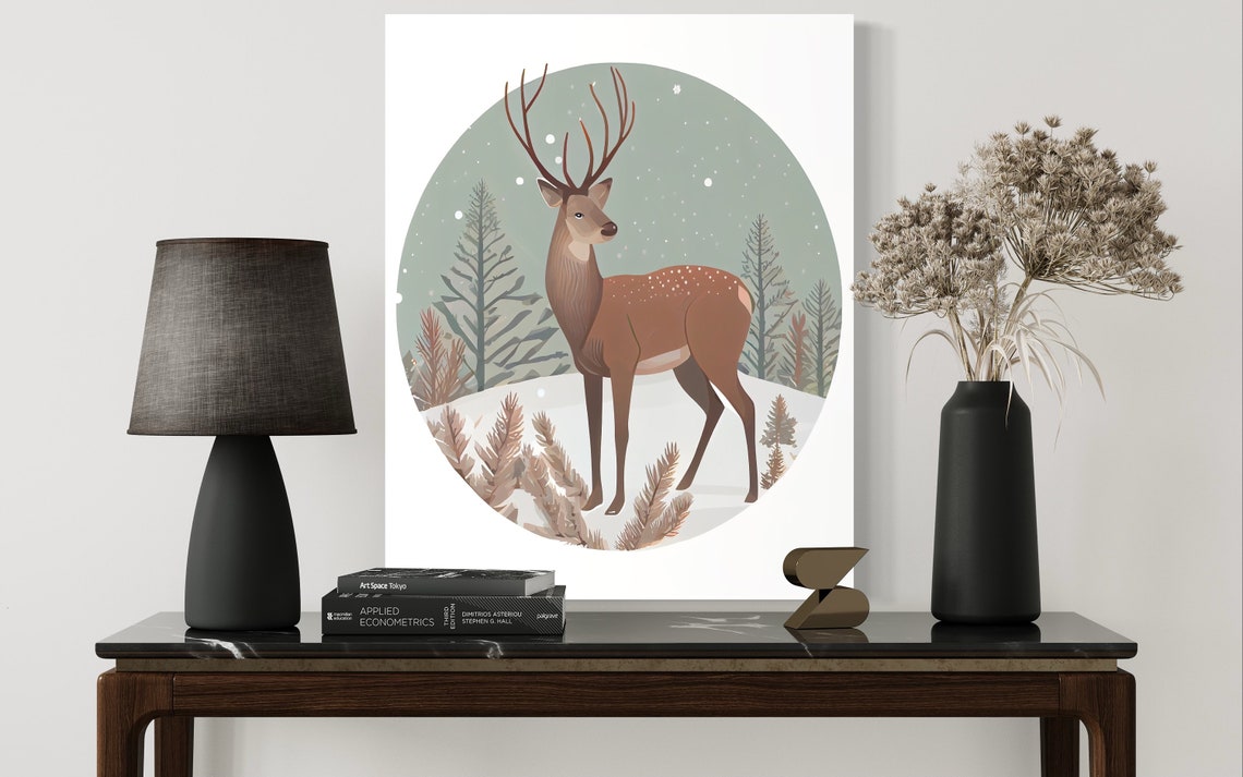 Winter Stag Deer Standing in a Snowy Starry Forest Circle Poster - Image 2