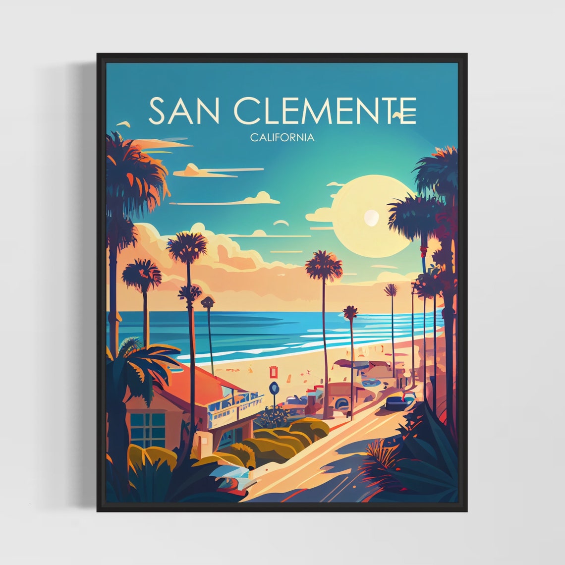 San Clemente California Palm Beach Sunset Vintage Travel Poster