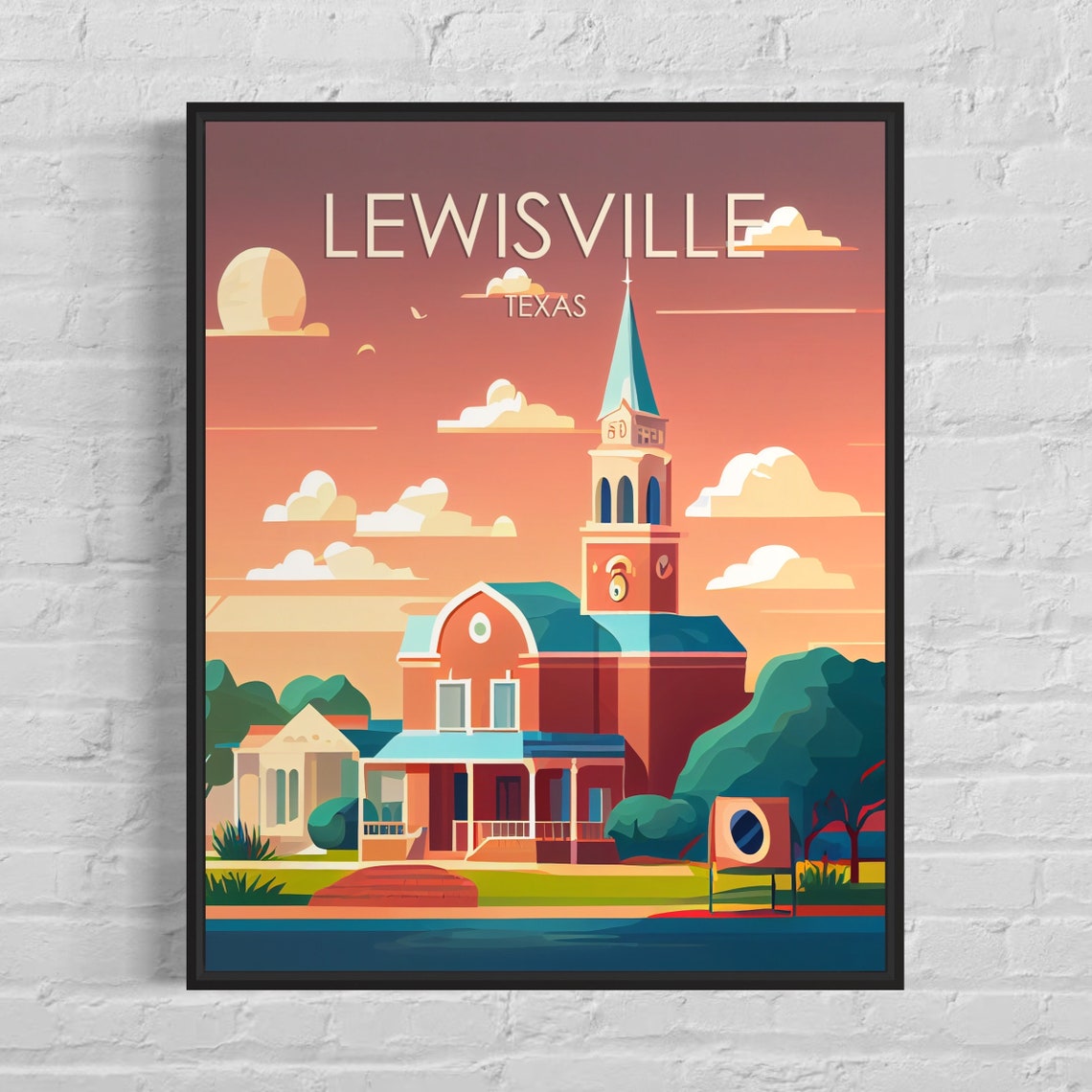Lewisville Texas Sunset Church Steeple Retro Travel Art Poster