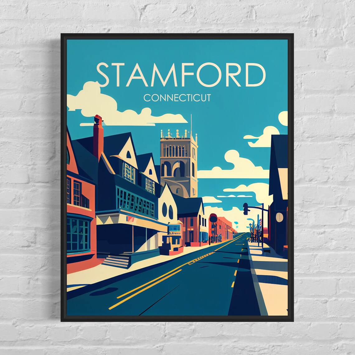 Stamford Connecticut Main Street Shops Church Tower Travel Poster