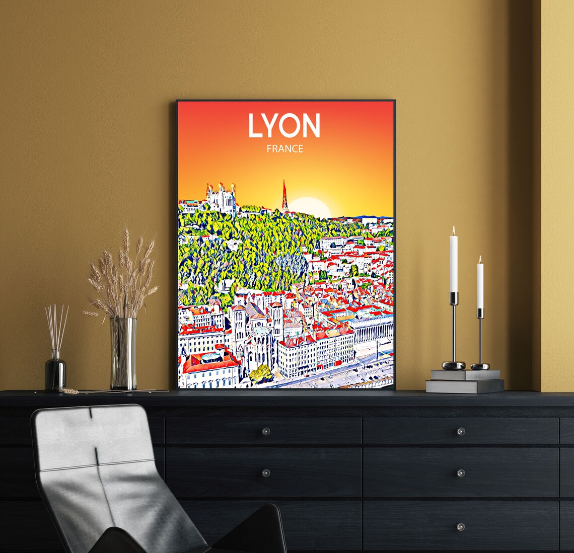 Lyon France Fourviere Basilica Hill Golden Sunset Skyline Art Poster - Image 2