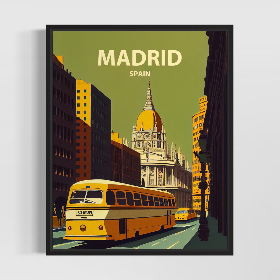 Madrid Spain Retro Bus Golden Dome City Street Evening Travel Poster