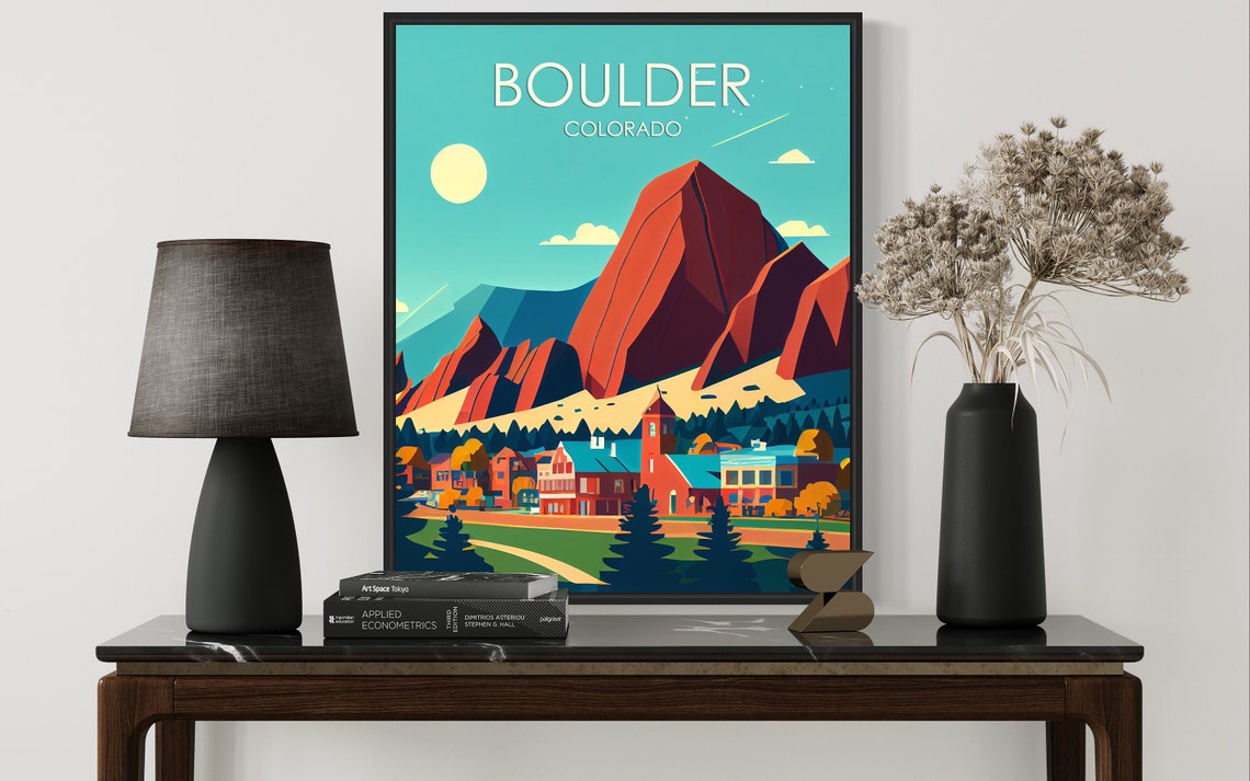 Boulder Colorado Flatirons Red Rocks Over Town Retro Travel Poster - Image 2