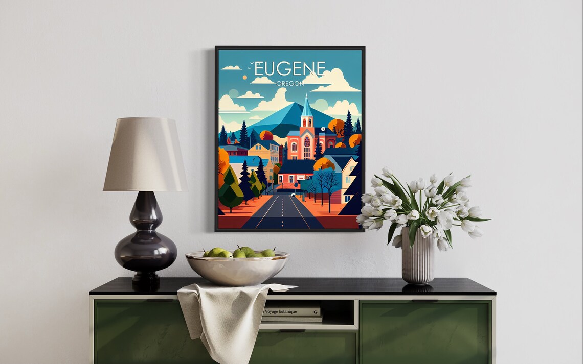 Eugene Oregon Retro Church Mountain Town Colorful Art Poster - Image 3