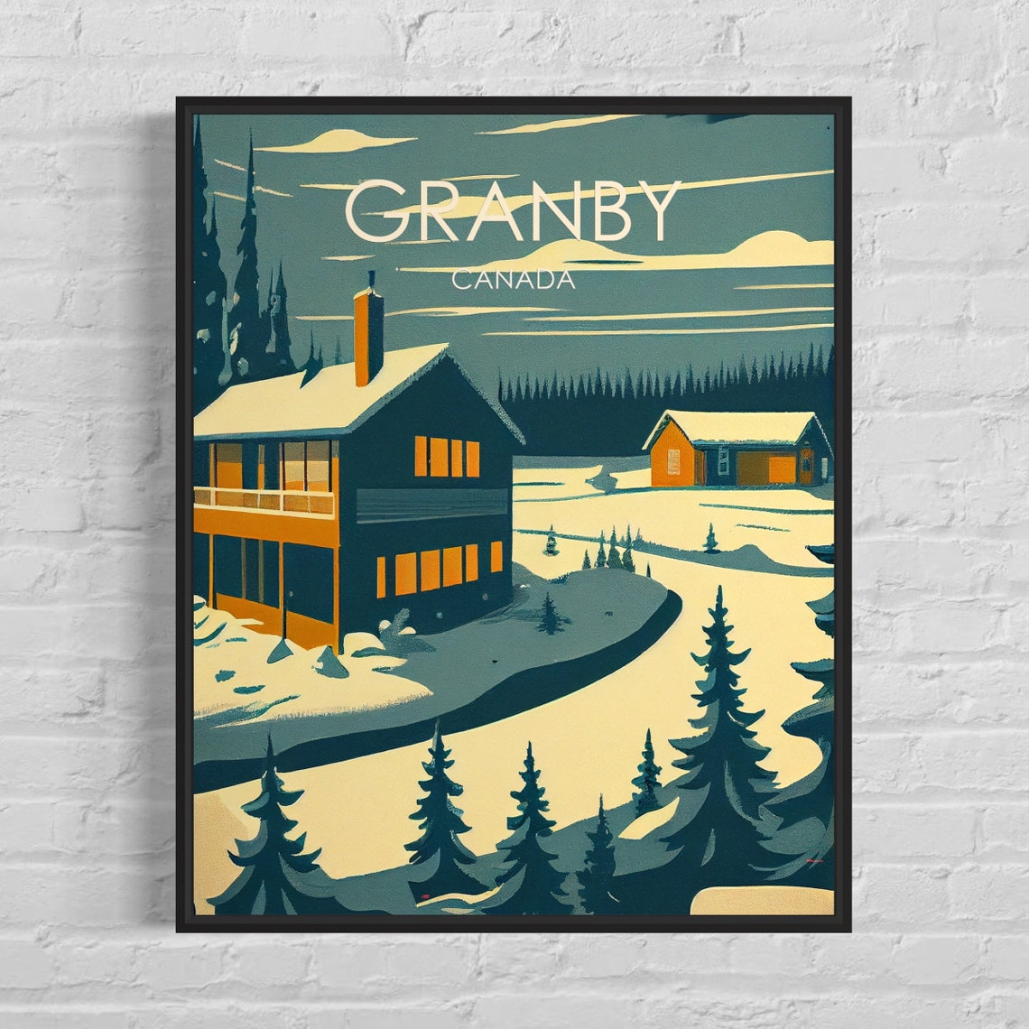 Granby Canada Snowy Chalet Pine Forest Deep Winter Travel Poster