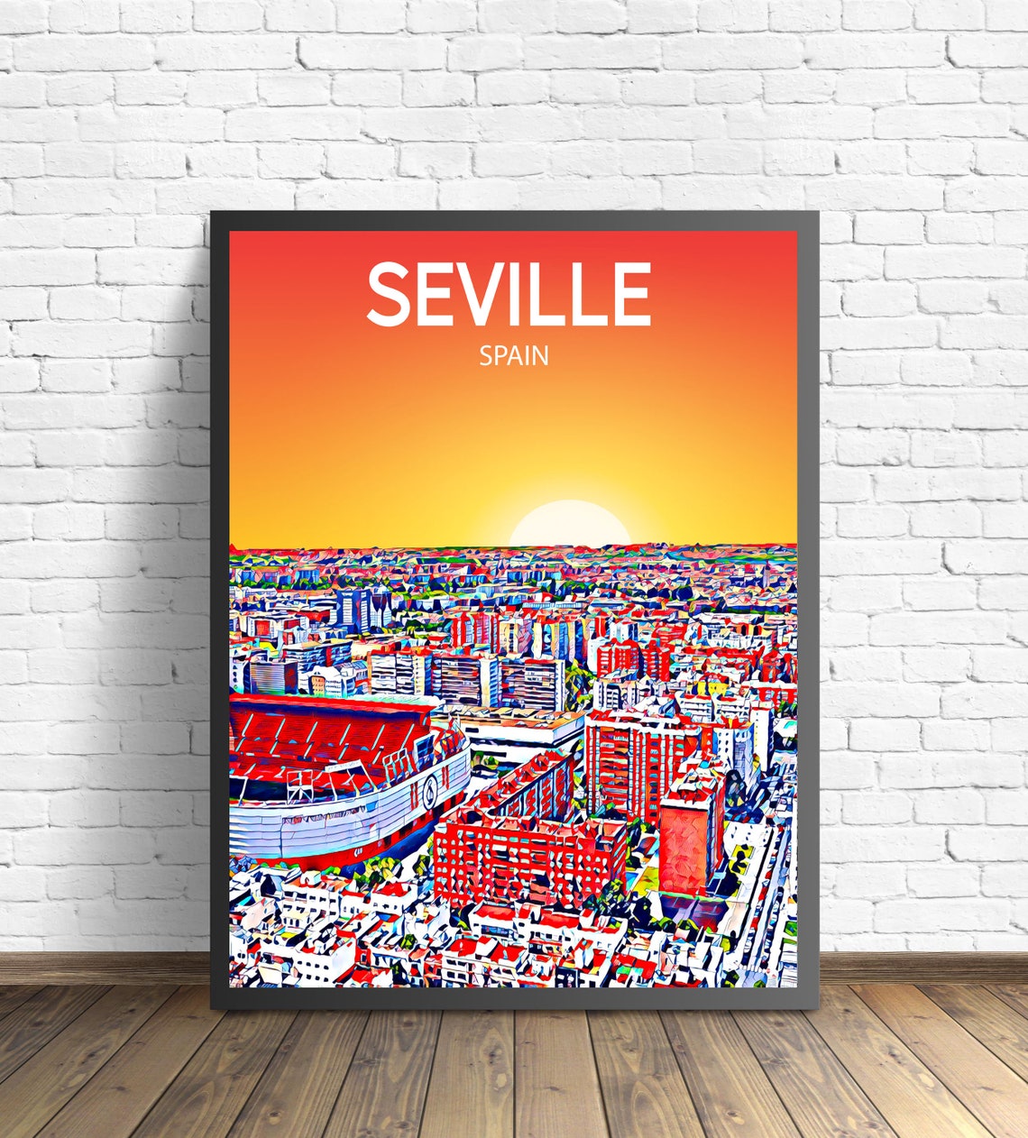 Seville Spain Stadium and Red Block Skyline Golden Sunset Poster