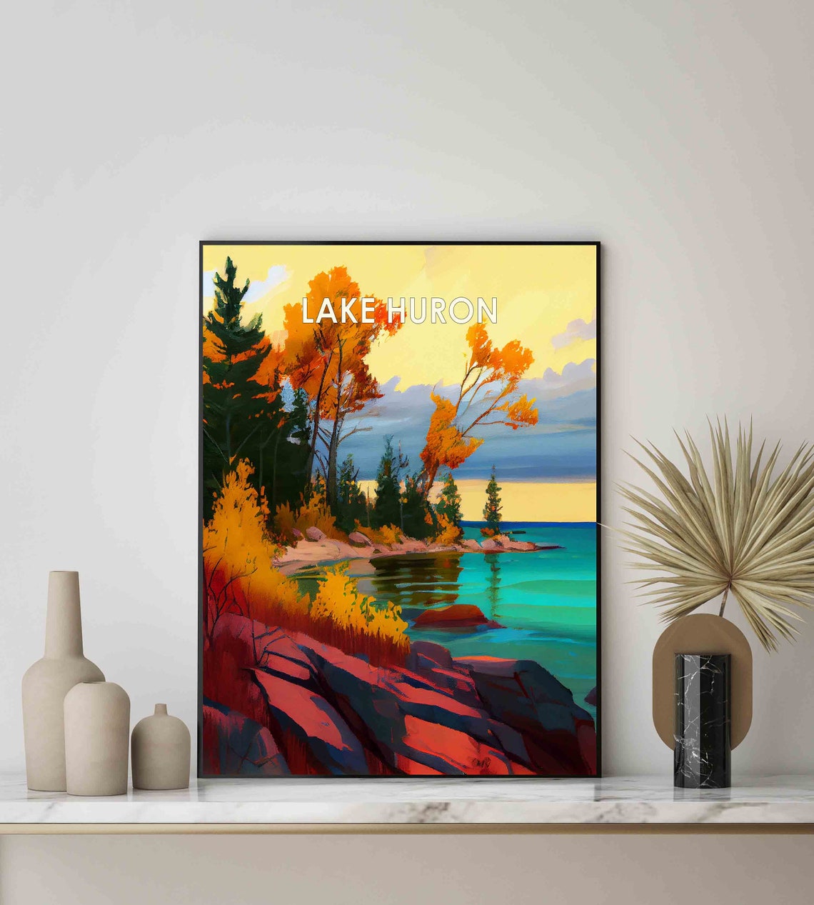 Lake Huron Autumn Shore Rocky Cliffs Golden Trees Vintage Poster - Image 2