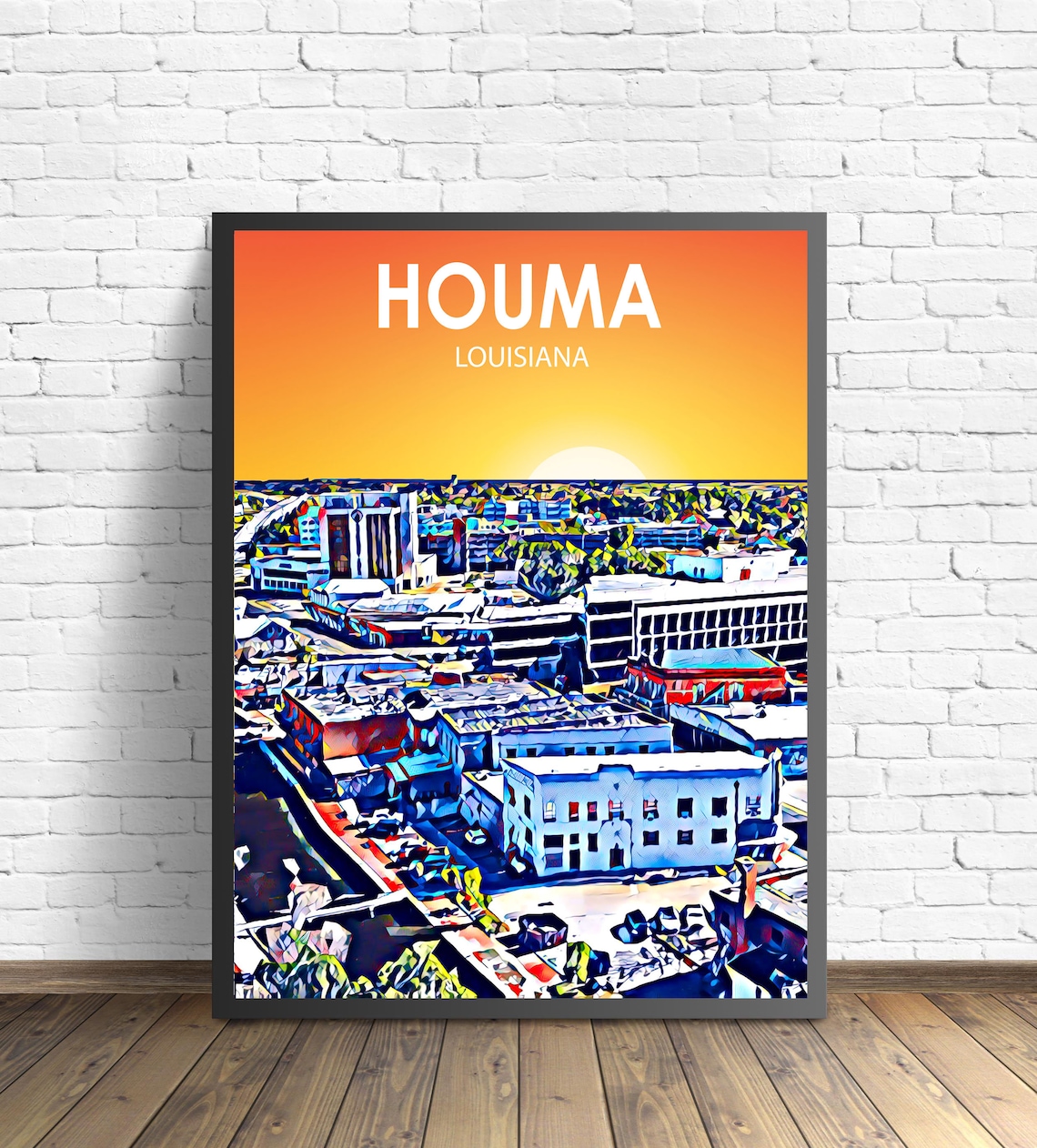 Houma Louisiana Colorful Sunset Skyline City Travel Art Poster