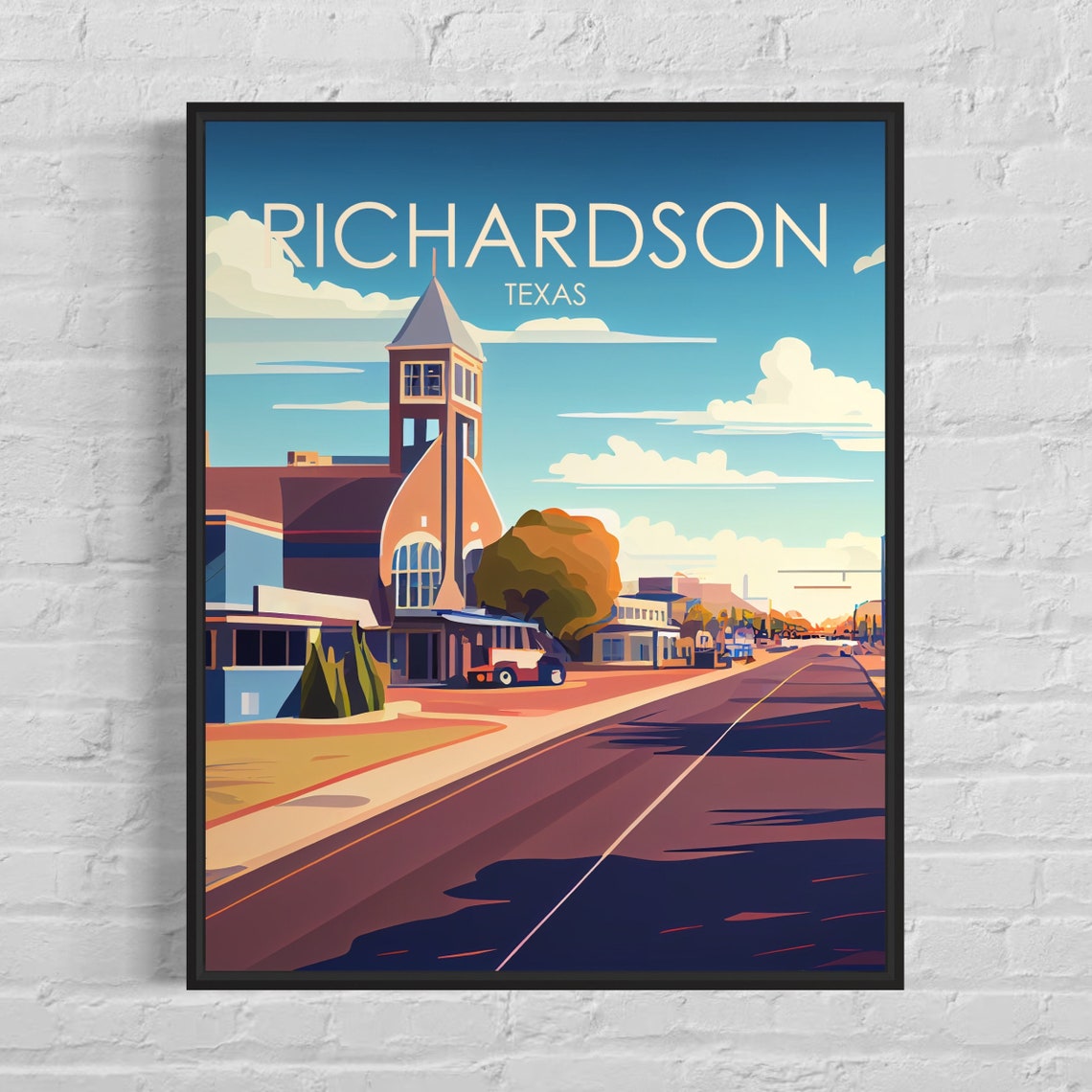 Richardson Texas Main Street Clock Tower Vintage Scene Poster