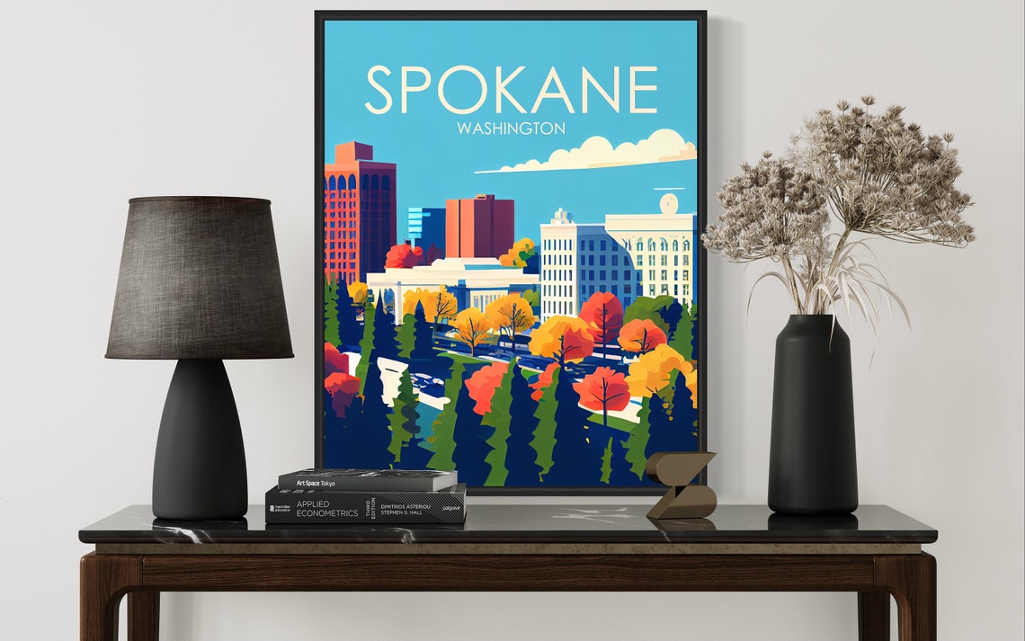 Spokane Washington Autumn Skyline Retro Cityscape Poster Art - Image 2