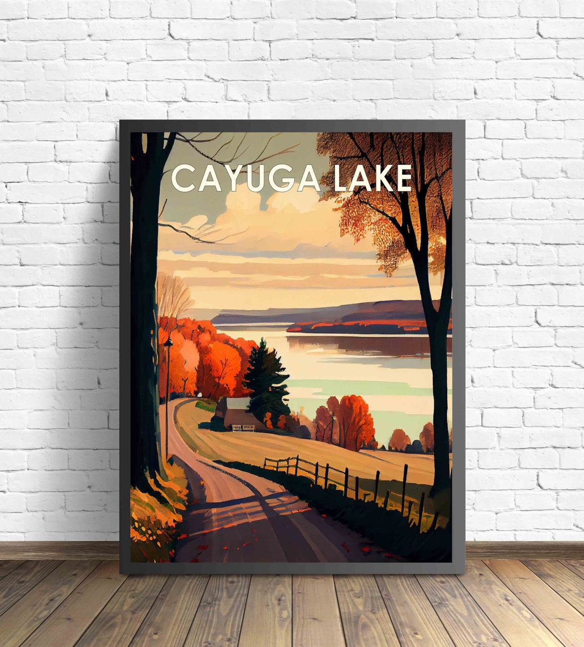 Cayuga Lake New York Autumn Shoreline Road Vintage Travel Poster