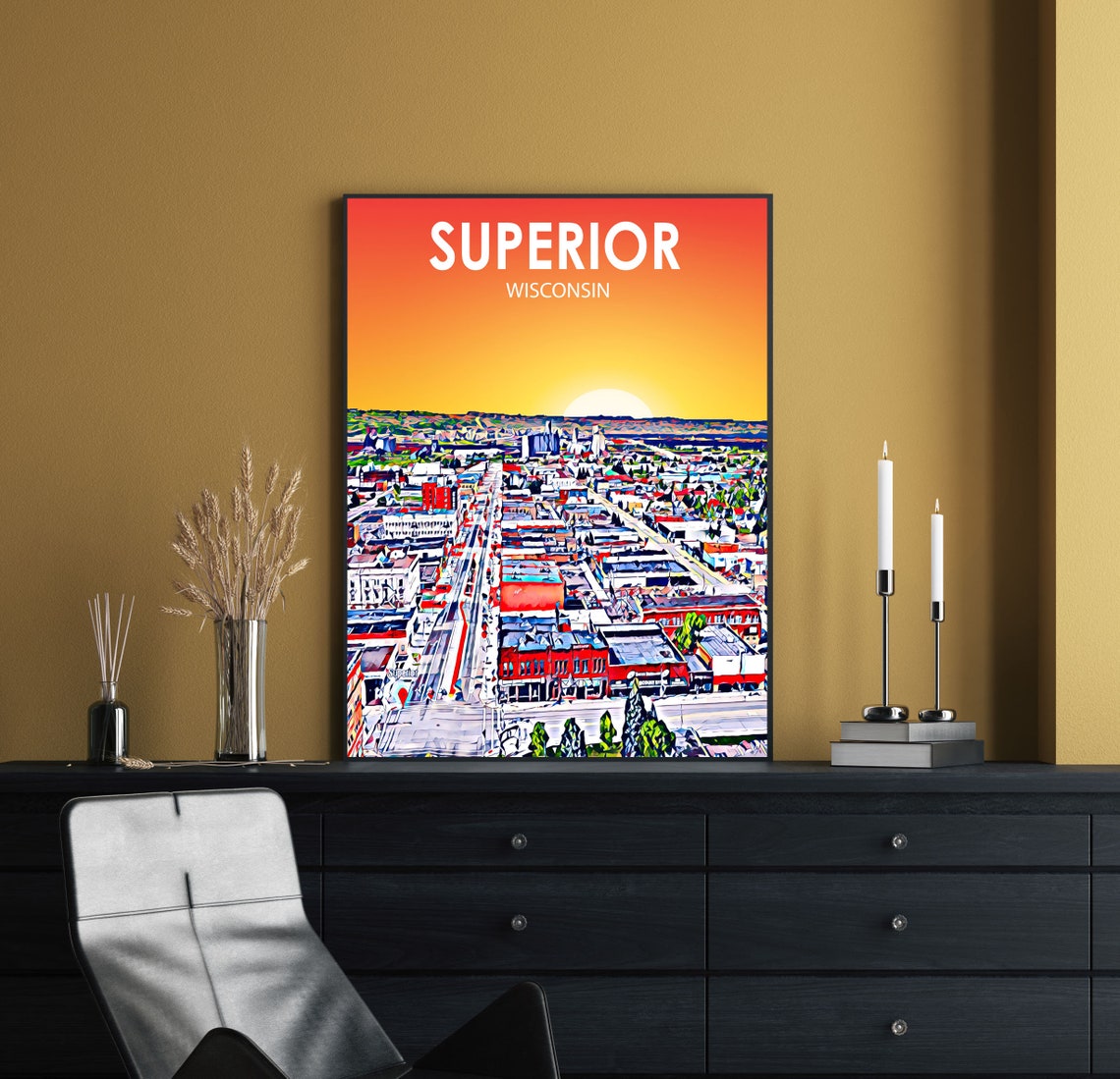 Superior Wisconsin Sunset Aerial City Sketch Downtown Poster - Image 2