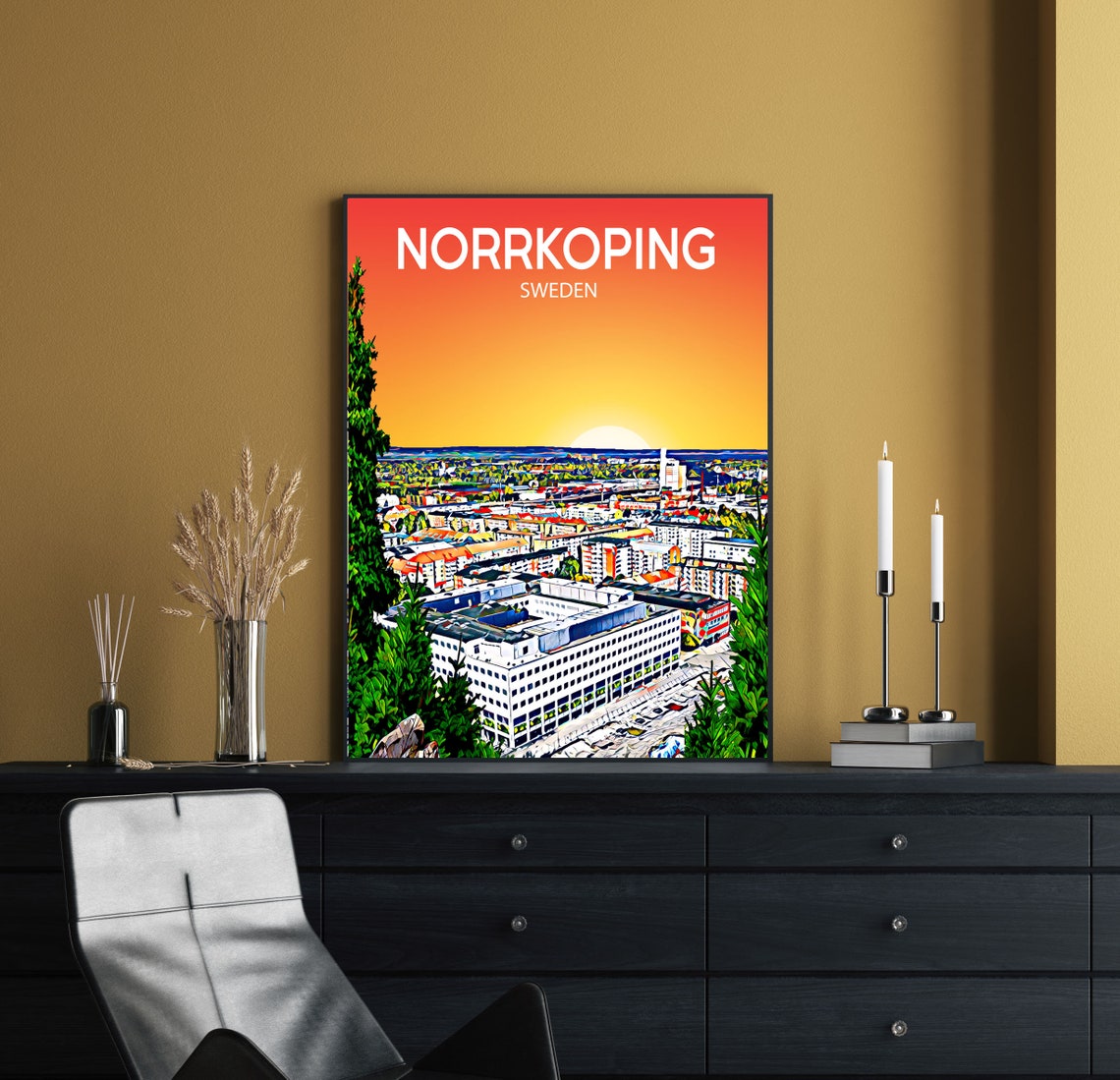 Norrkoping Sweden Modern Block Towers Golden Sunset Skyline Poster - Image 2